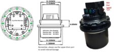 Transmisie finală Komatsu PC75-11 cu porturi de scurgere superioare și dimensiuni detaliate