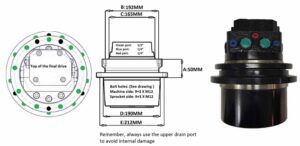 Transmisie finală pentru utilaje kubota u35/u55 – dimensiuni și porturi specificate